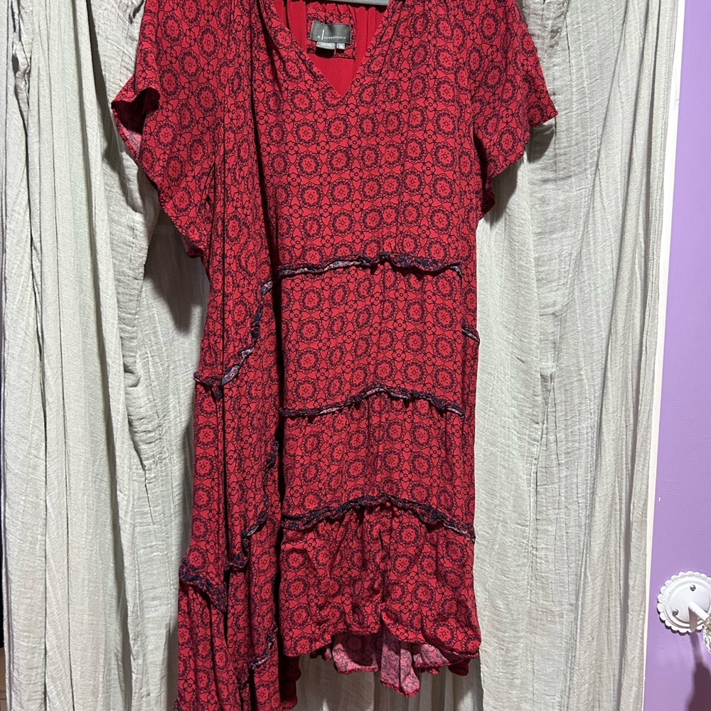 Red Patterned V-Neck Dress